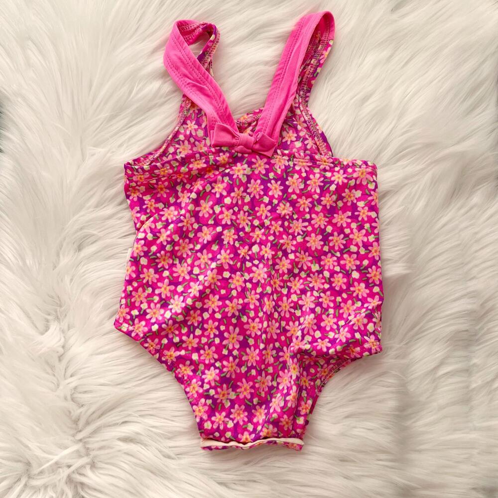 Vintage Gerber Bright pink floral one piece swimsuit 2-3? (Size not legible)
